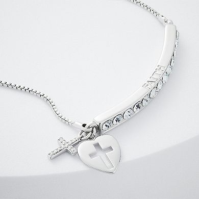 Brilliance Crystal Cross & Heart Charm Adjustable Bar Bracelet