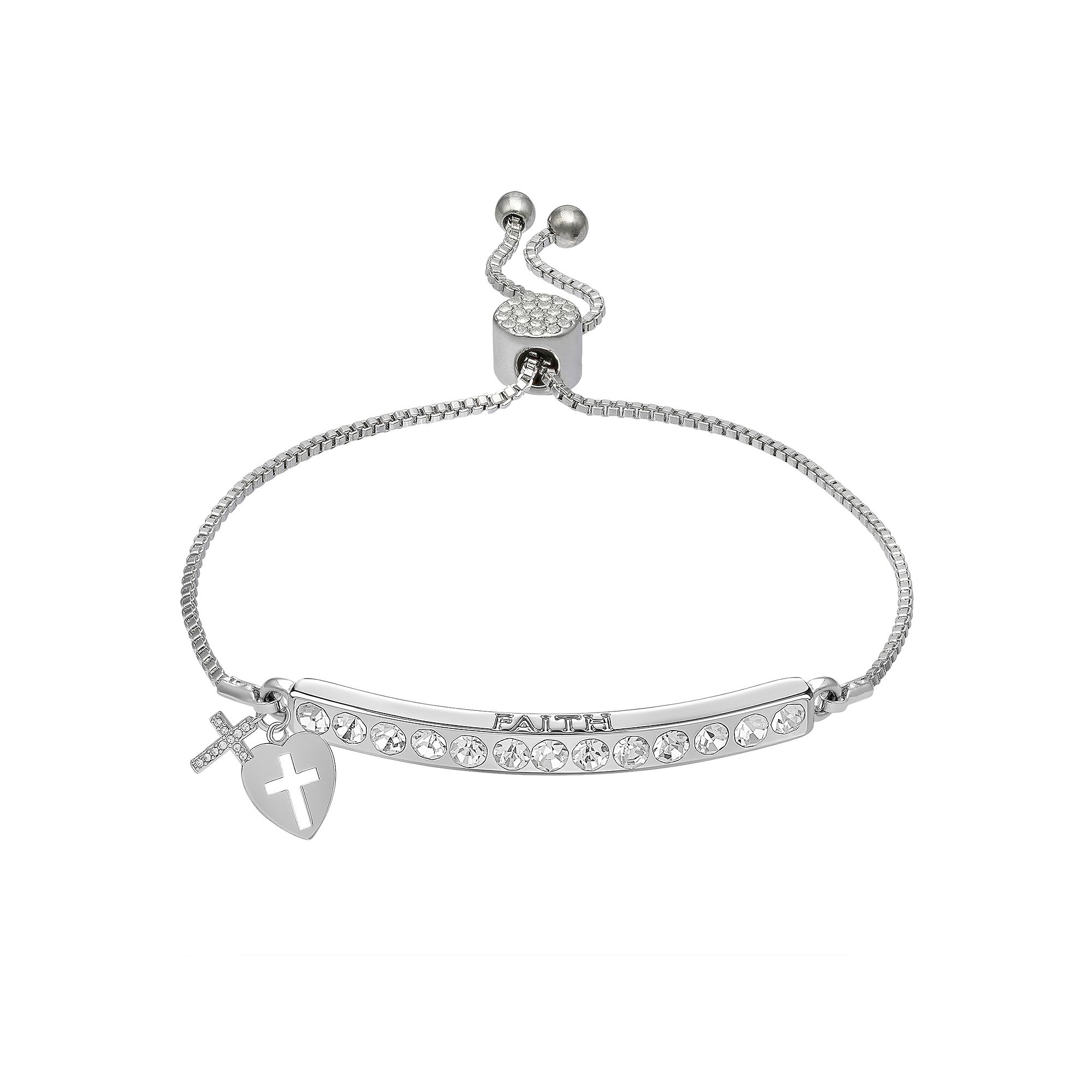 Brilliance Crystal Cross & Heart Charm Adjustable Bar Bracelet, Womens, S