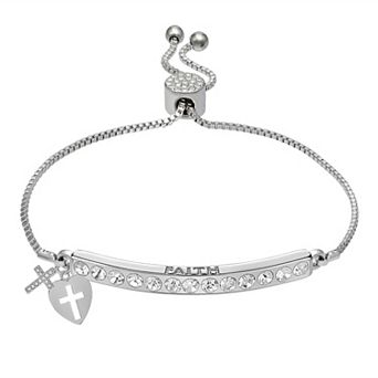 Brilliance Crystal Cross & Heart Charm Adjustable Bar Bracelet