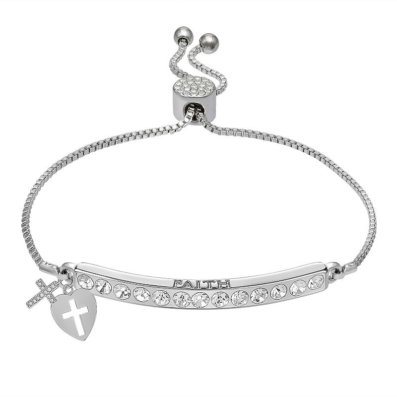 Brilliance Crystal Cross & Heart Charm Adjustable Bar Bracelet, Womens, S
