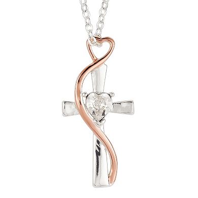 Brilliance Crystal Two-Tone Heart & Cross Pendant Necklace