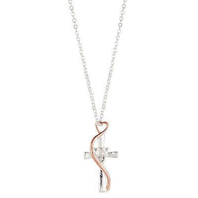 Brilliance Crystal Two Tone Heart Cross Pendant Necklace