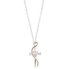 Brilliance Crystal TwoTone Heart  Cross Pendant Necklace