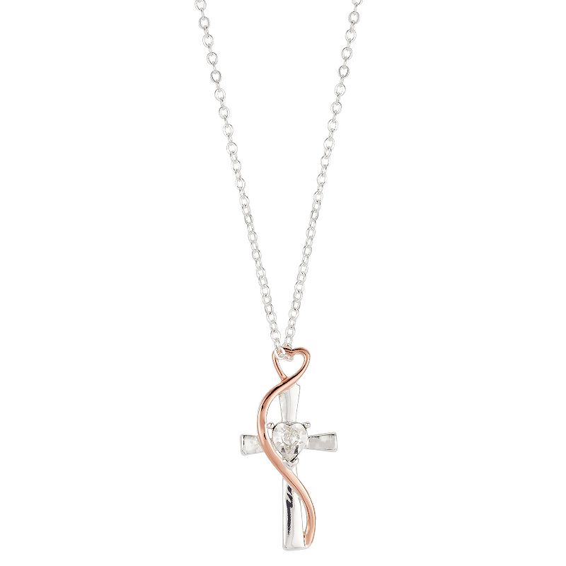 Brilliance Crystal Two-Tone Heart & Cross Pendant Necklace, Womens, Size: