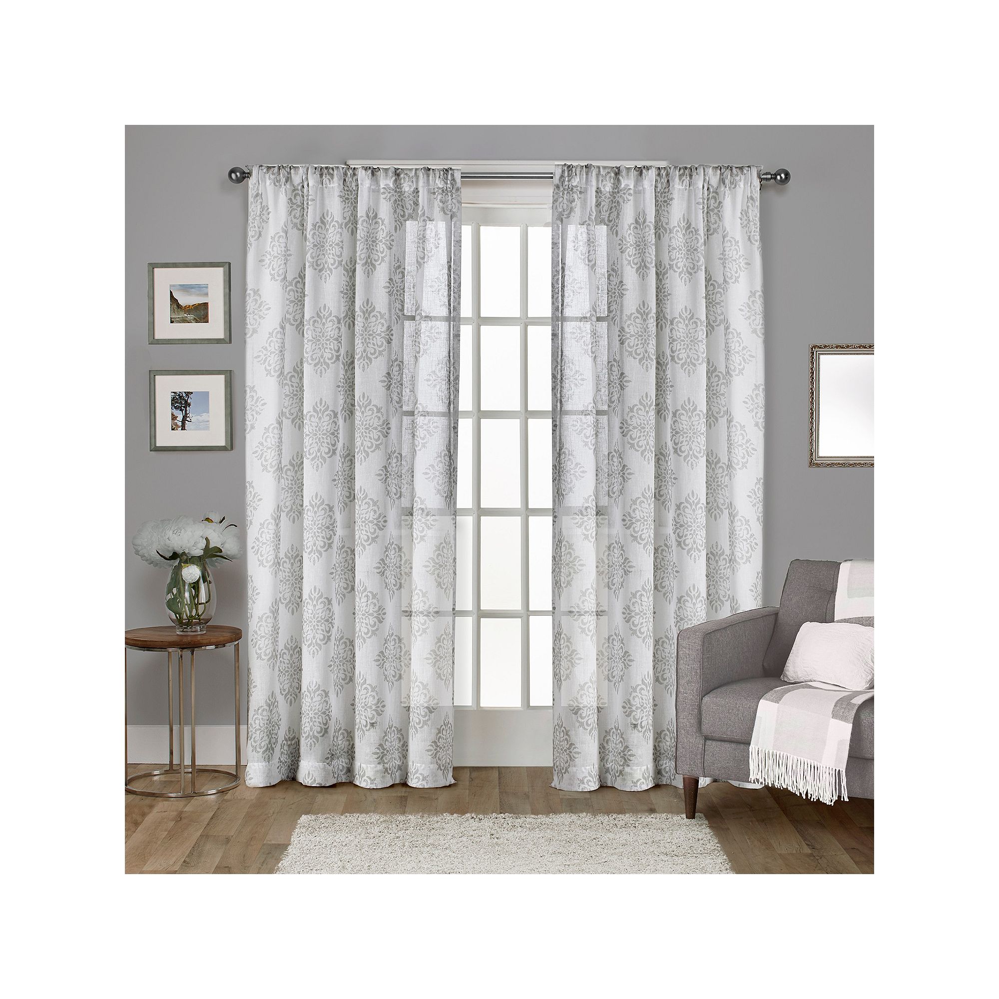 Exclusive Home 2-pack Nagano Medallion Belgian Sheer Window Curtains, Dove 