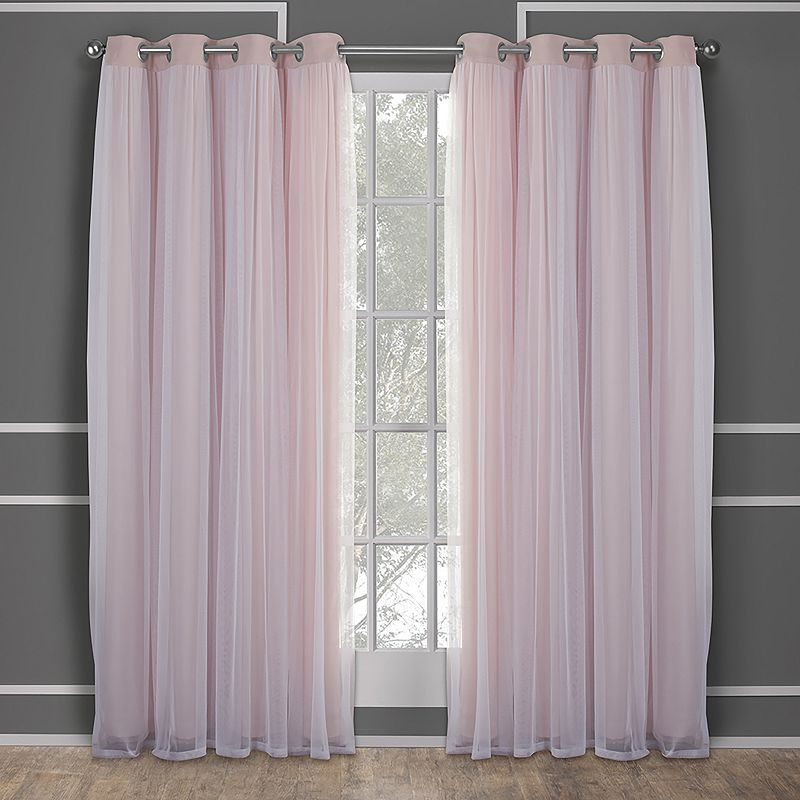 Exclusive Home Catarina Layered Solid Blackout and Sheer Window Curtain Panel Pair with Grommet Top, Rose Blush, 52x84