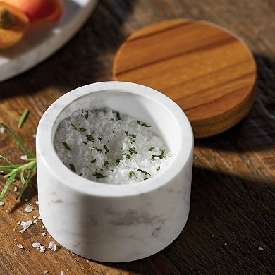 Anolon Pantryware White Marble Salt Cellar with Teakwood Lid