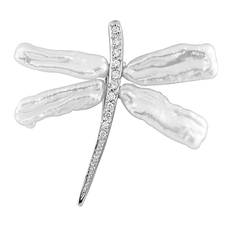 Sterling Silver Keshi Pearl & Cubic Zirconia Dragonfly Brooch, Womens, Whi