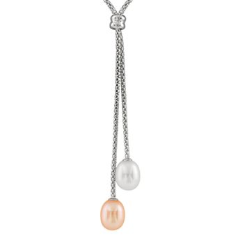 Womens Splendid Pearls Double Dangling Pearl Silver Necklace