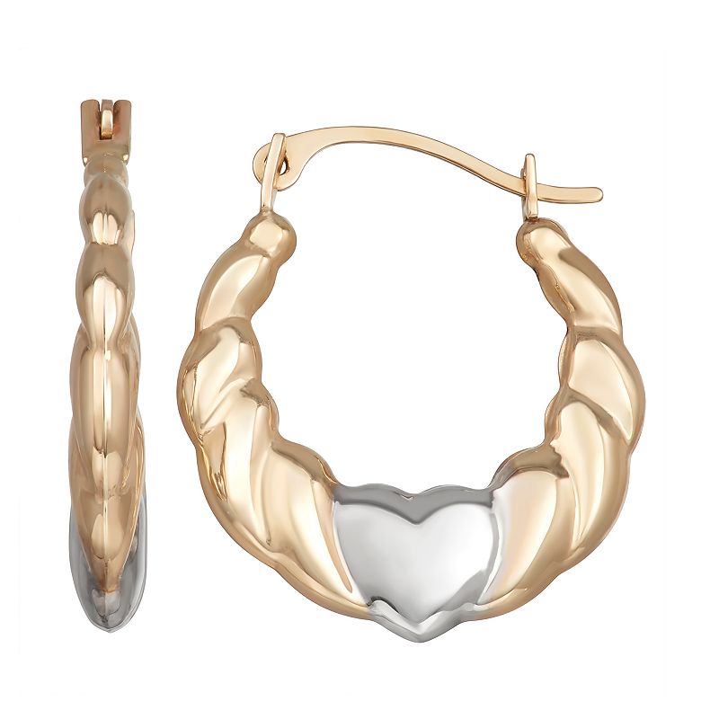 Forever 14K Gold Two-Tone Puffed Heart Hoop Earrings, Womens, Yellow