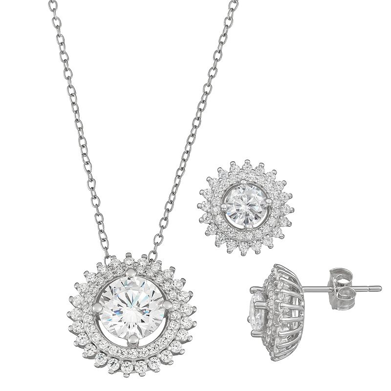 Sterling Silver Cubic Zirconia Sunburst Pendant and Earring Set, Womens, 