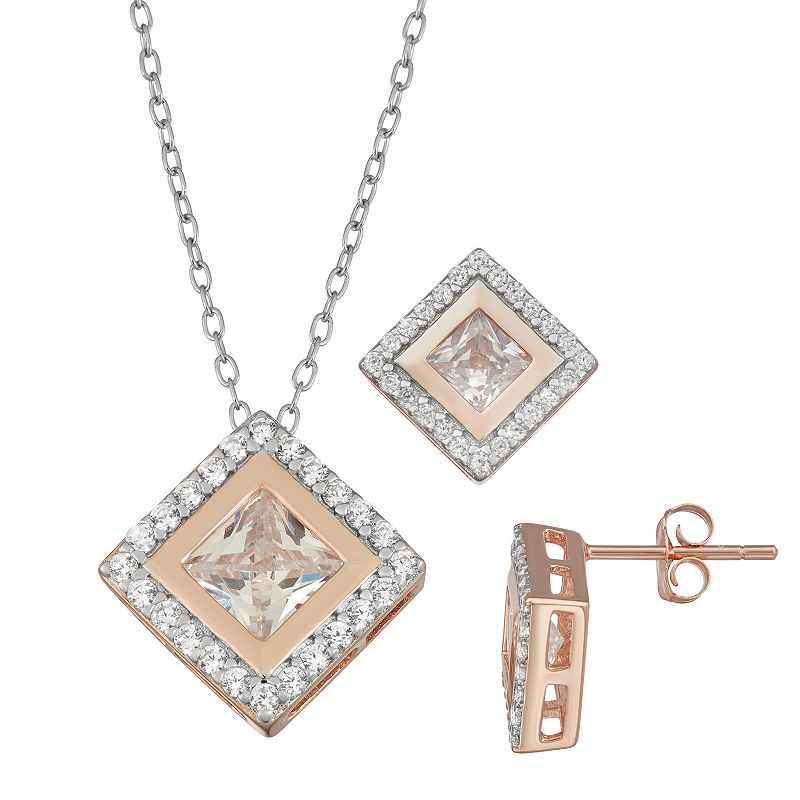 Sterling Silver Cubic Zirconia Square Pendant & Earring Set, Womens, Size
