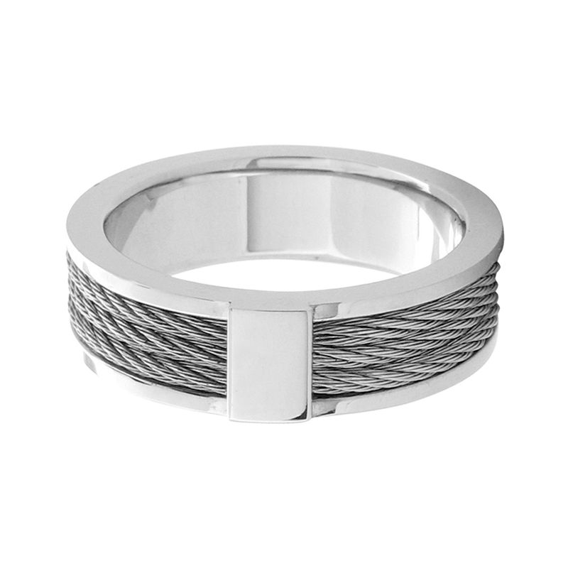 Mens Steel Cable Inlayed Comfort Fit Ring, Size: 9, Silver