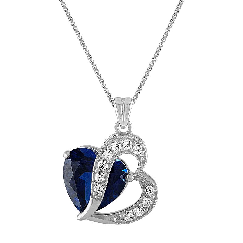 Sterling Silver Lab-Created Blue & White Sapphire Heart Pendant, Womens, 