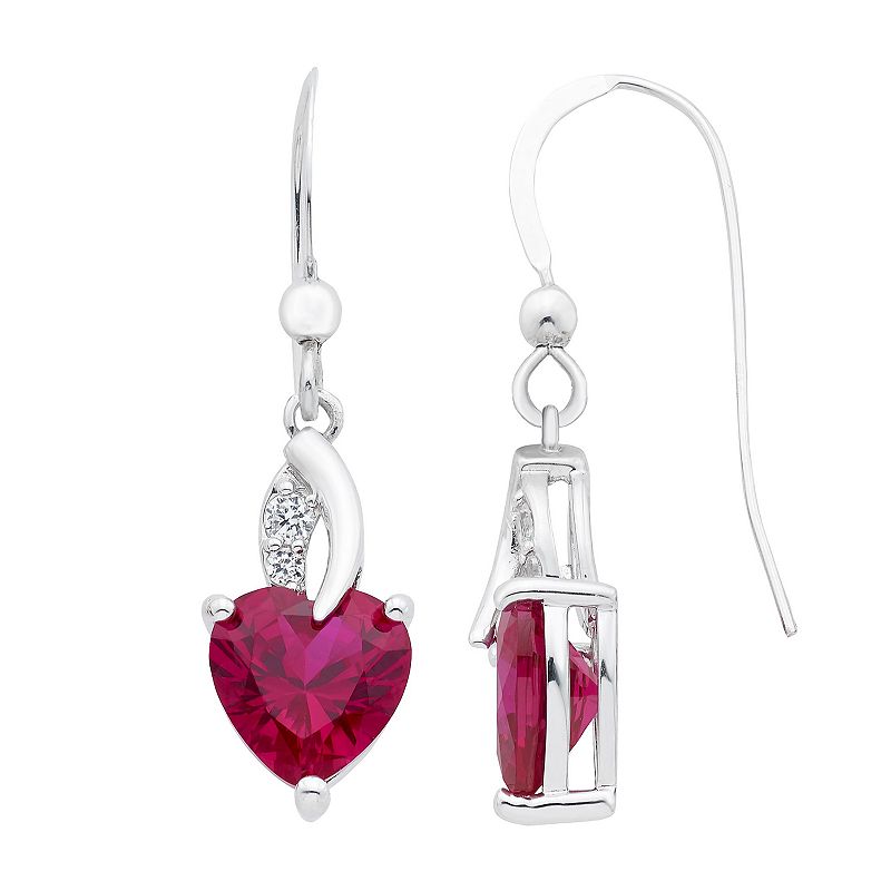 Sterling Silver Lab-Created Ruby & White Sapphire Drop Earrings, Womens, R
