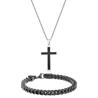 Men's LYNX Stainless Steel Cross & Chain Bracelet Set