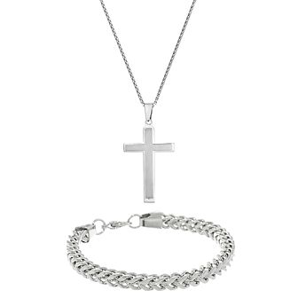 Men's LYNX Stainless Steel Cross & Chain Bracelet Set