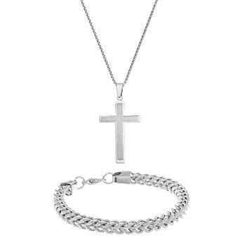 Men's LYNX Stainless Steel Cross & Chain Bracelet Set