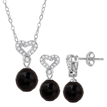 Onyx Cubic Zirconia 2 pc Heart Necklace & Earrings Set