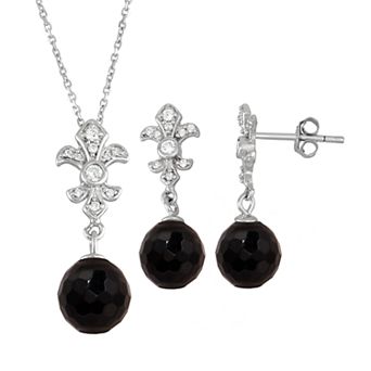 Onyx Cubic Zirconia Fleur-de-lux 2 pc Earring & Pendant Necklace Set
