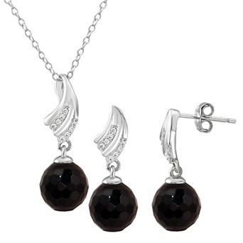 Onyx Cubic Zirconia Leaf 2 pc Earring & Pendant Necklace Set