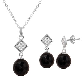 Onyx Cubic Zirconia Diamond-Shape Earring & Pendant Necklace Set