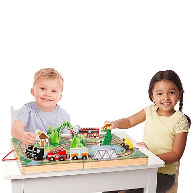 Boys Girls MELISSA&DOUG Melissa & Doug 17-Piece Wooden Take-Along Tabletop Railroad, 3 Trains, Truck, Play Pieces, Bridge