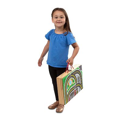 Boys Girls MELISSA&DOUG Melissa & Doug 17-Piece Wooden Take-Along Tabletop Railroad, 3 Trains, Truck, Play Pieces, Bridge