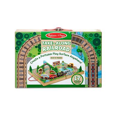 Boys Girls MELISSA&DOUG Melissa & Doug 17-Piece Wooden Take-Along Tabletop Railroad, 3 Trains, Truck, Play Pieces, Bridge
