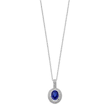 Sterling Silver Lab-Created Blue & White Sapphire Oval Halo Pendant