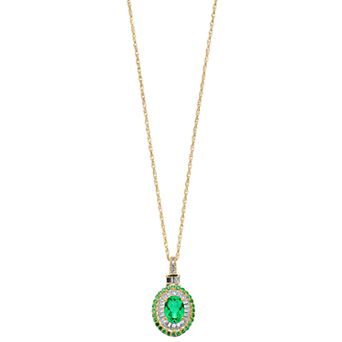MASTERPIECE 14k Gold Over Silver Lab-Created Emerald & Lab-Created White Sapphire Halo Pendant