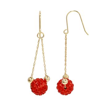 Women's 14ky Gold Bead Pink Crystal Dangle Earrings