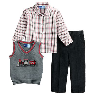 Toddler Boy Great Guy Train Sweater Vest, Plaid Shirt & Pants Set