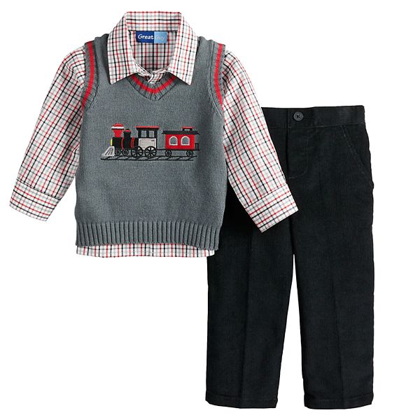 Toddler Boy Great Guy Train Sweater Vest, Plaid Shirt u0026 Pants Set