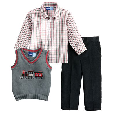 Baby Boy Great Guy Train Sweater Vest, Plaid Shirt & Pants Set