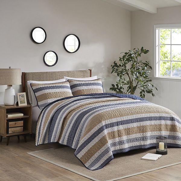Madison Park Essentials Quilt Set - Geo Stripe Blue Tan (KING/CK)