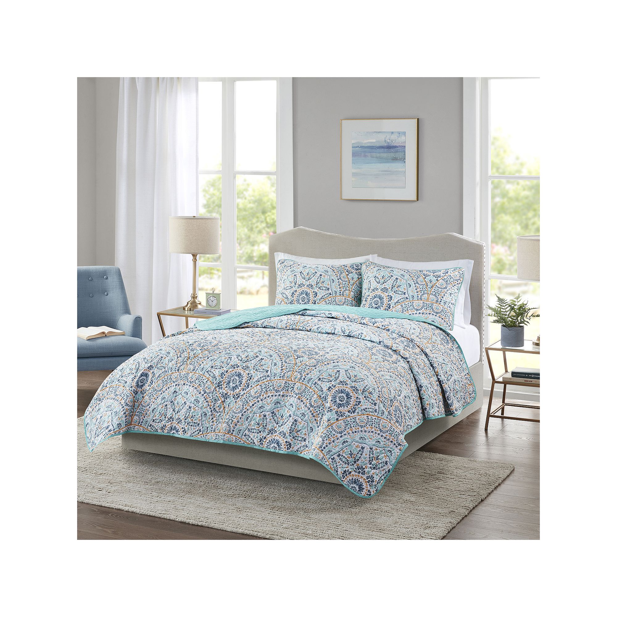 Madison Park Essentials Quilt Set, Medallion Blue