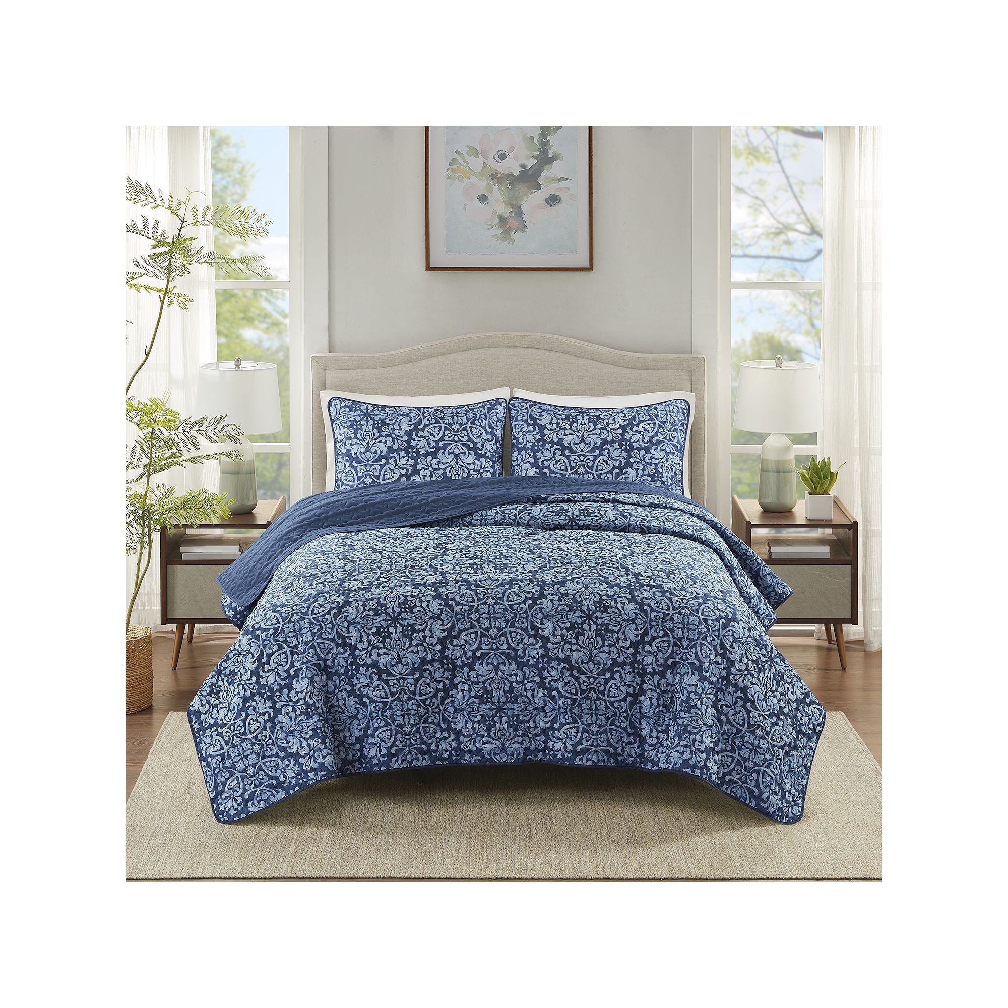 Madison Park Essentials Quilt Set, Blue Scroll