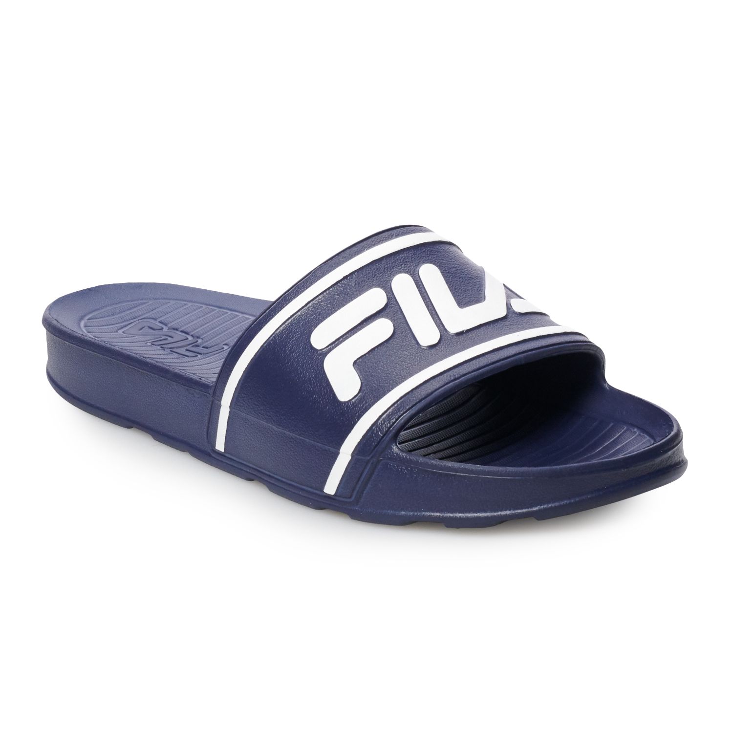 navy blue fila slides