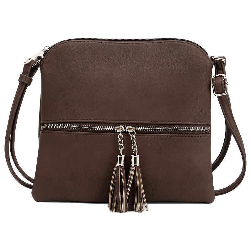 Deluxity Tasseled Flat Mini Crossbody Bag, Brown Over