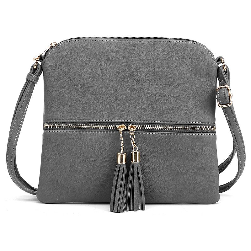 Deluxity Tasseled Flat Mini Crossbody Bag, Grey