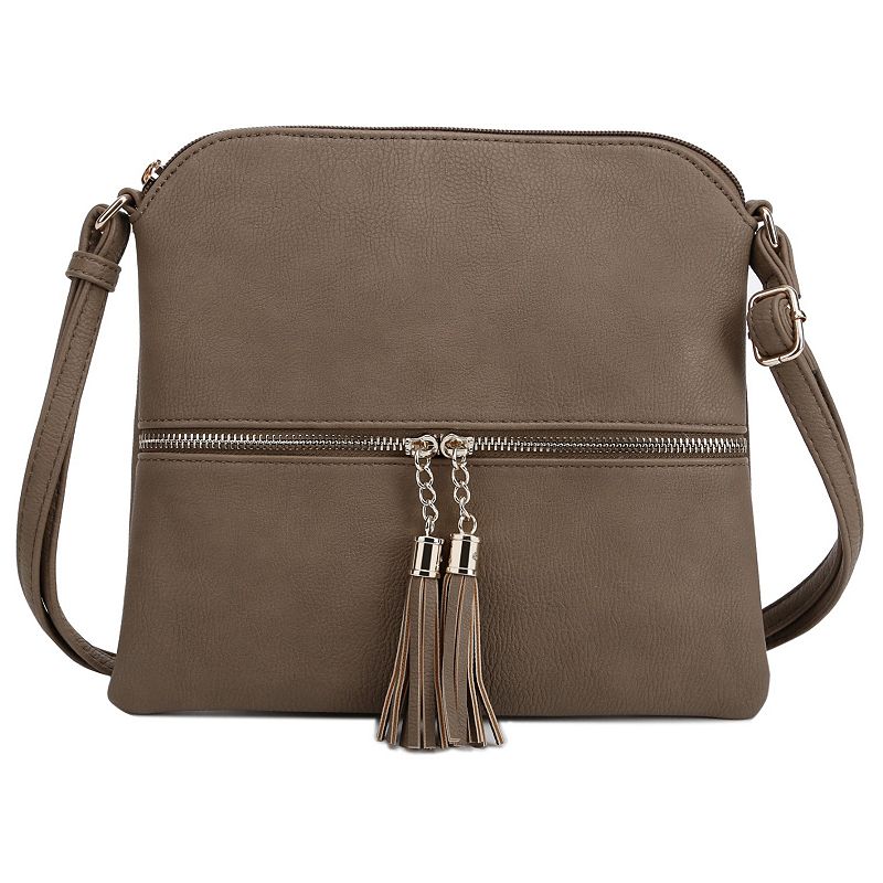 Deluxity Tasseled Flat Mini Crossbody Bag, Beig/Green