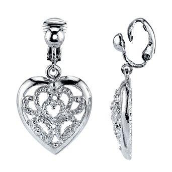 1928 Filigree Heart Clip-On Drop Earrings