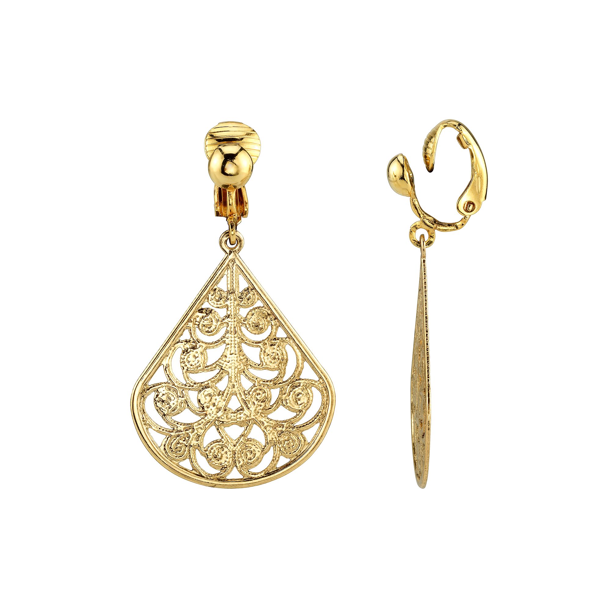 1928 Filigree Detail Teardrop Earrings, Womens, Gold Tone