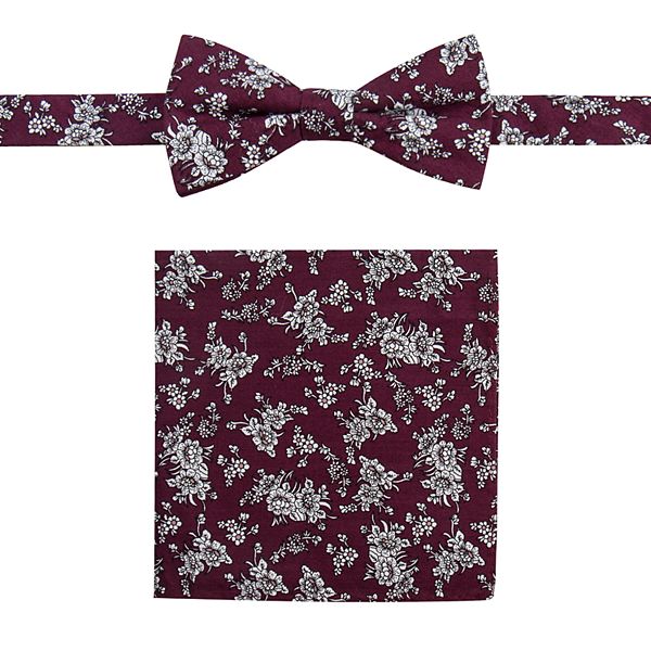 New Vintage Burgundy Cotton Matching Pre-tied Bow Tie & Pocket Square Set. 