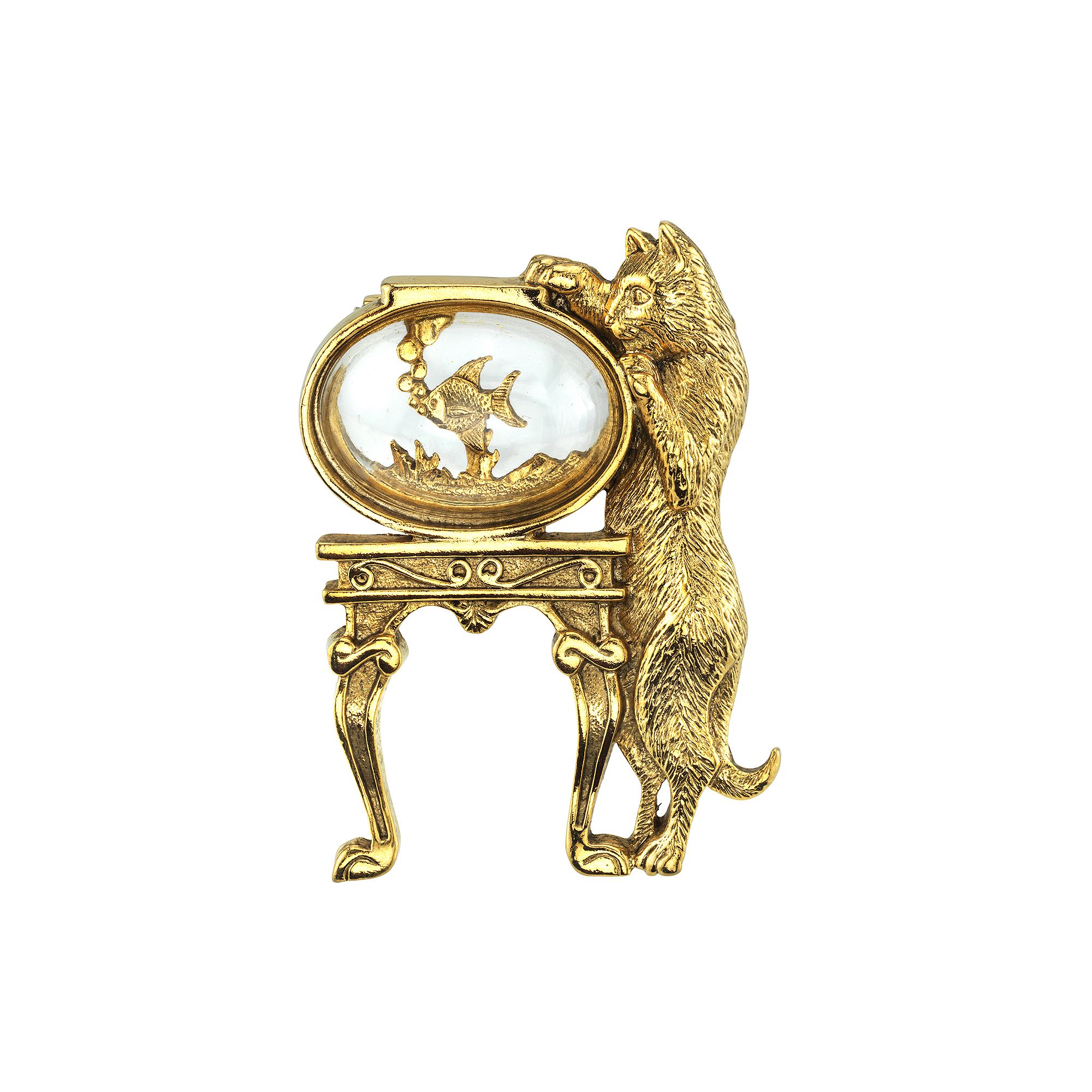 1928 Jewelry Gold Tone Cat & Fish Bowl Motif Pin, Womens, Yellow