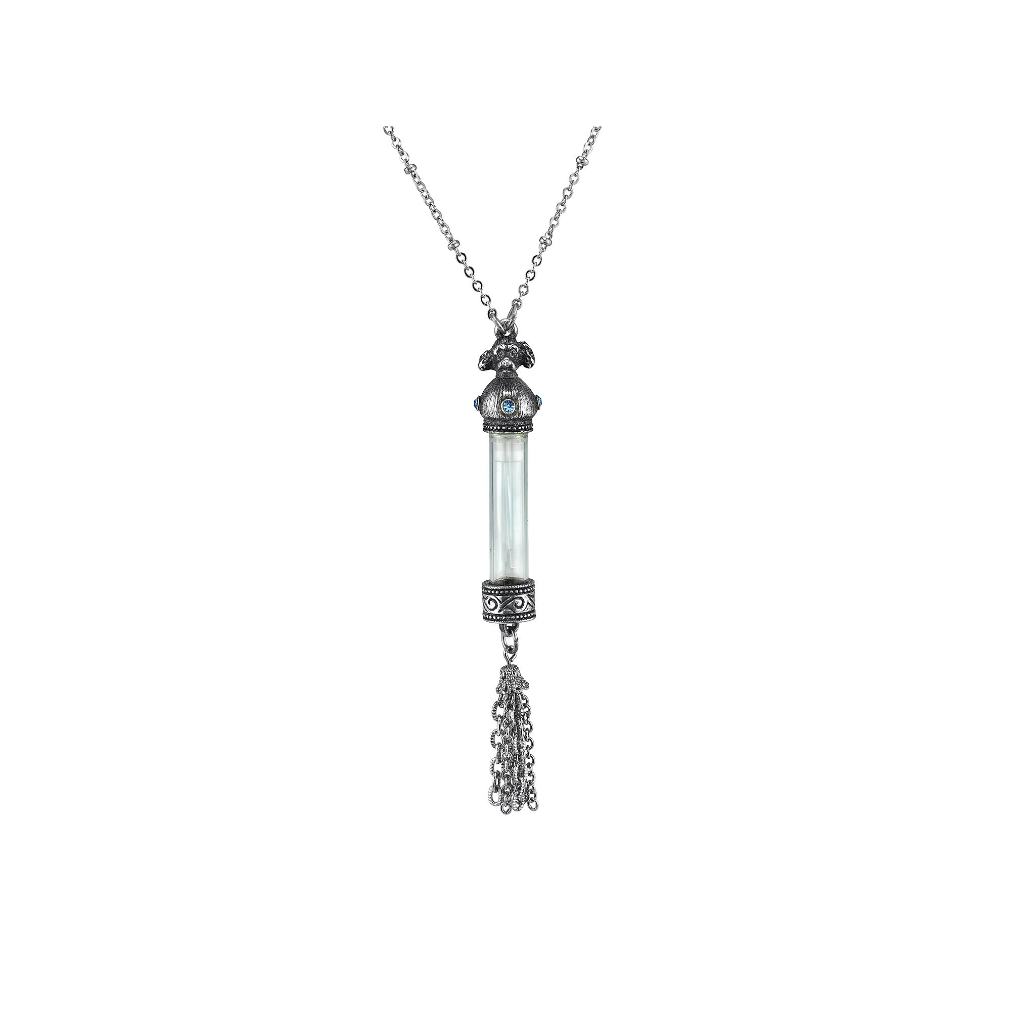 1928 Jewelry Pewter Filigree Blue Crystal Dog Motif Vial Tassel Pendant Nec