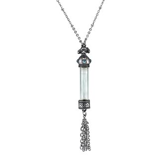 1928 Jewelry Pewter Filigree Blue Crystal Dog Motif Vial Tassel Pendant Necklace