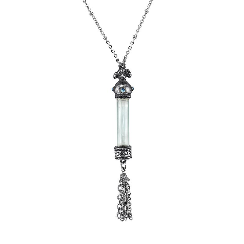 1928 Jewelry Pewter Filigree Blue Crystal Dog Motif Vial Tassel Pendant Necklace, Women's, Grey