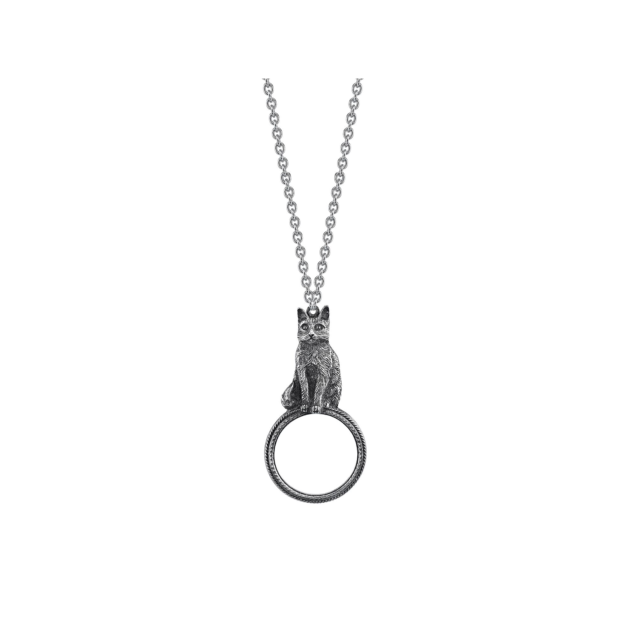 1928 Jewelry Vintage Antiqued Pewter Cat Magnifying Glass Pendant  Necklace